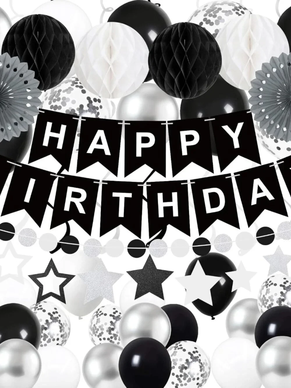 Black Silver White Birthday Party Decorations Kit Balloons Banner Adult Decor